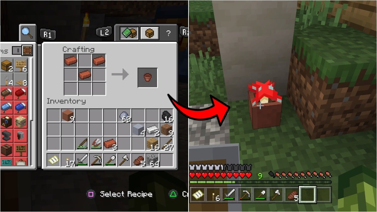 On the left, the player is making a flower pot on a crafting table. On the right, there is a red mushroom in a flower pot. There is a red arrow pointing from the left image to the right one.