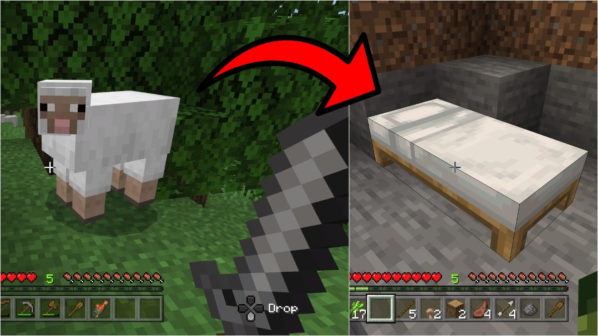 The player holding a stone sword while looking at a sheep as well as a white bed next to them. there is a red arrow pointing from the sheep to the bed.