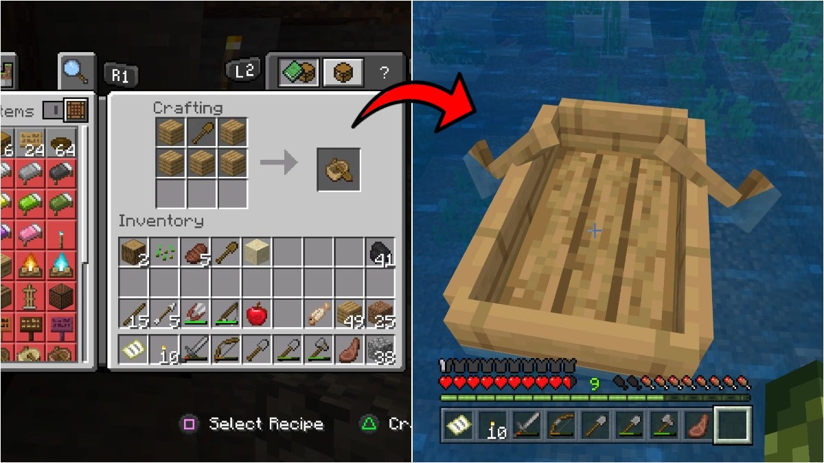 On the left, the player is making a boat on a crafting bench, and, on the right, the player is looking at a boat they placed into the water.