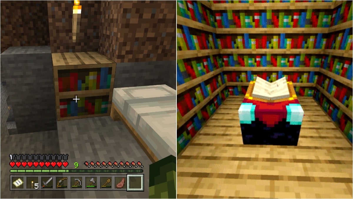 On the left is the player looking at a single bookshelf next to their white bed and the right is an enchanting table surrounded by many bookshelves.