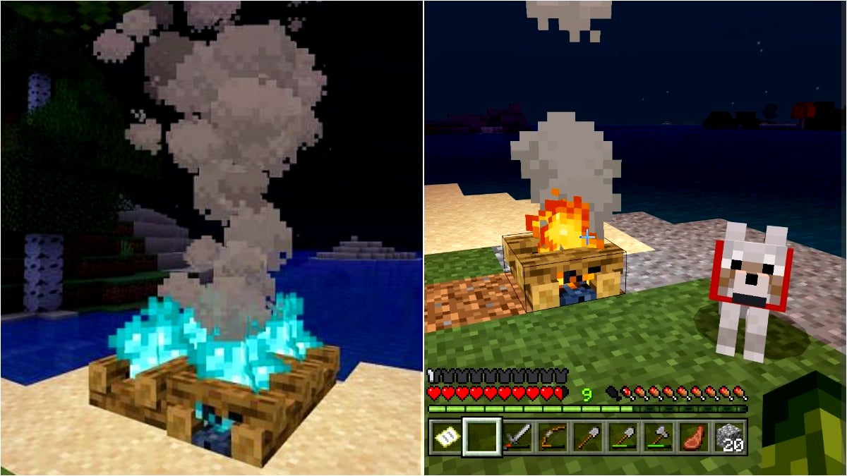 On the left is an image of a bluish-green campfire on a beach at night and on the right is a red-orange campfire next to a wolf on an island at night.
