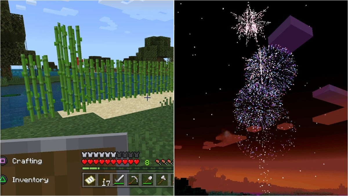 Sugar cane growing by the water and fireworks going off in the dusk sky.