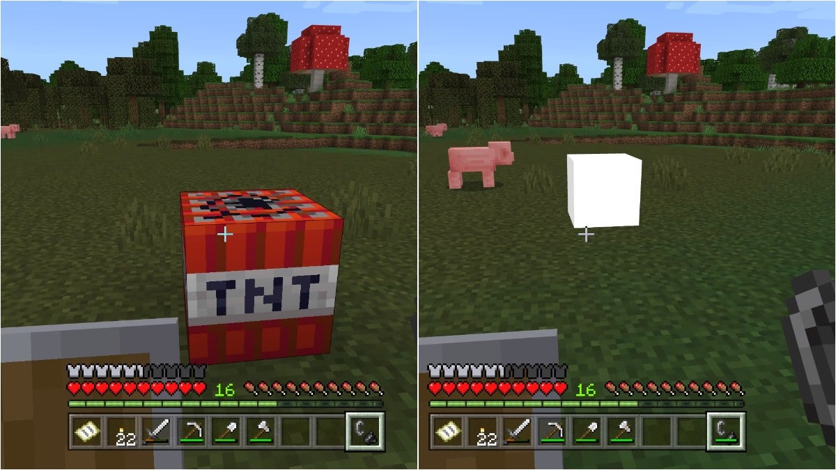 The left image is a block of TNT in a field and the right image is that same block of TNT flashing white after being primed to explode.