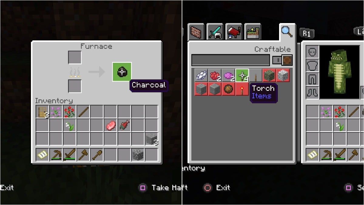 The player looking at charcoal in a furnace menu and at torches in a crafting menu.