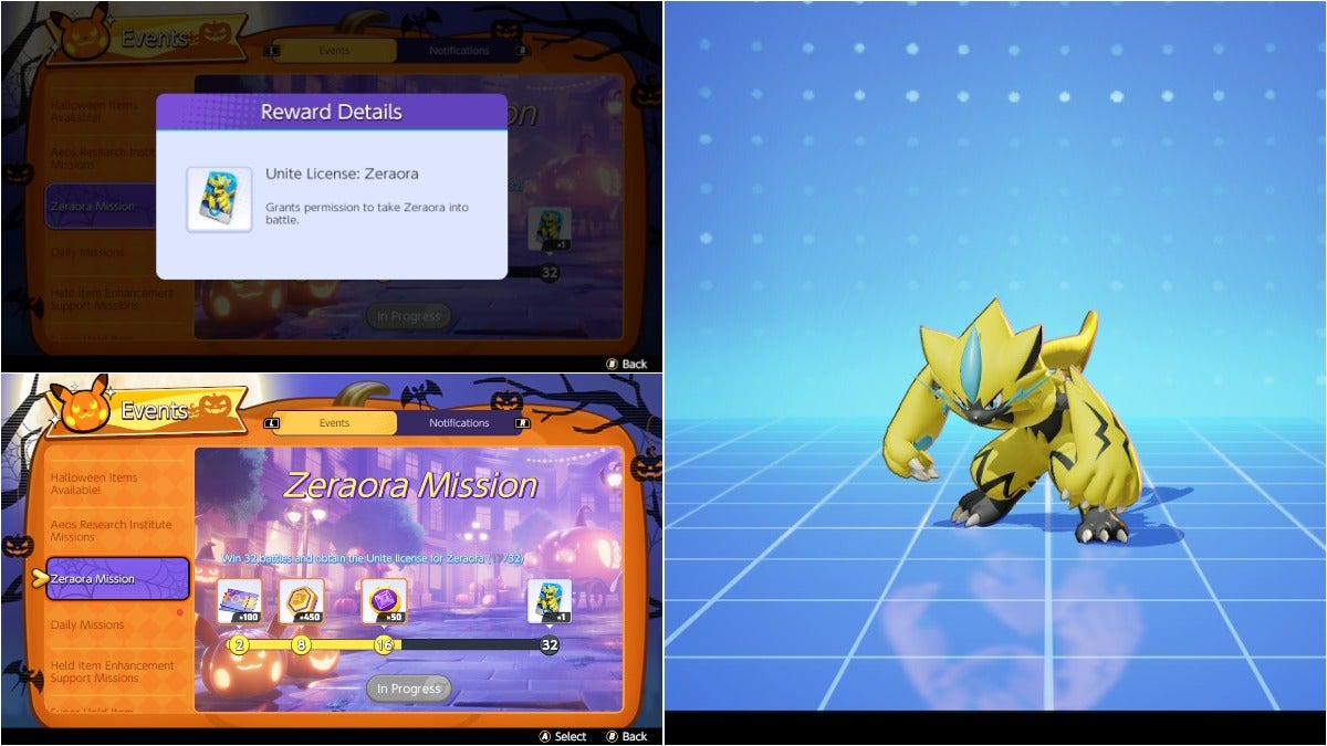 The player unlocking the the zeraora unite license through a halloween event and looking at the reward details as well as zeraora in the pokemon selection menu.