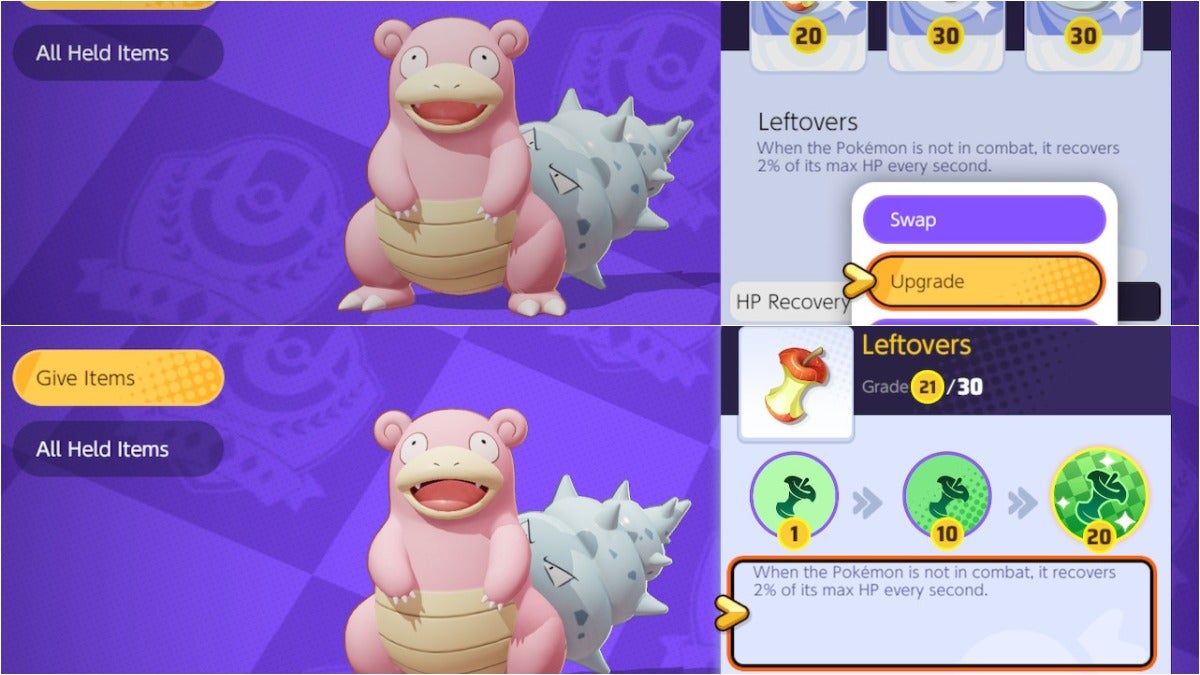 The player upgrading the leftovers item, which looks like a partially eaten apple, that is being held by the pink Pokémon slowbro.