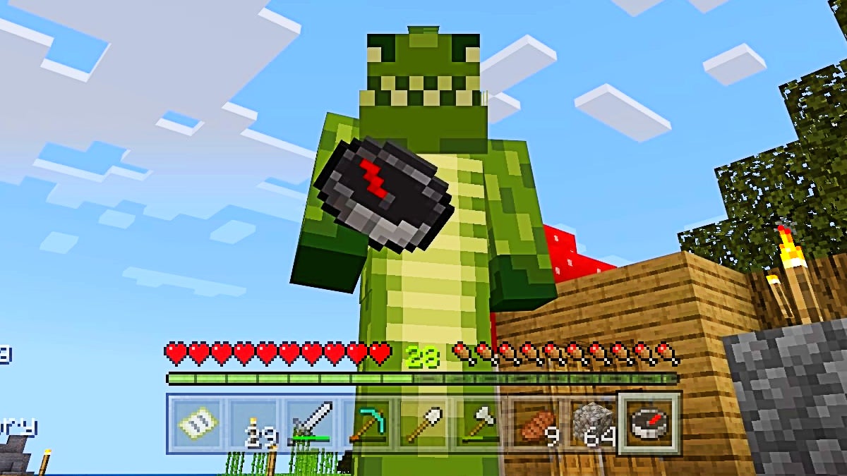 A player wearing a crocodile skin holding a compass in third person mode.