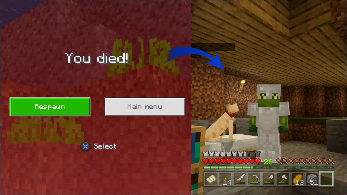 On the left is the death screen when a payer dies and on the right is the player next to their bed after they respawned.