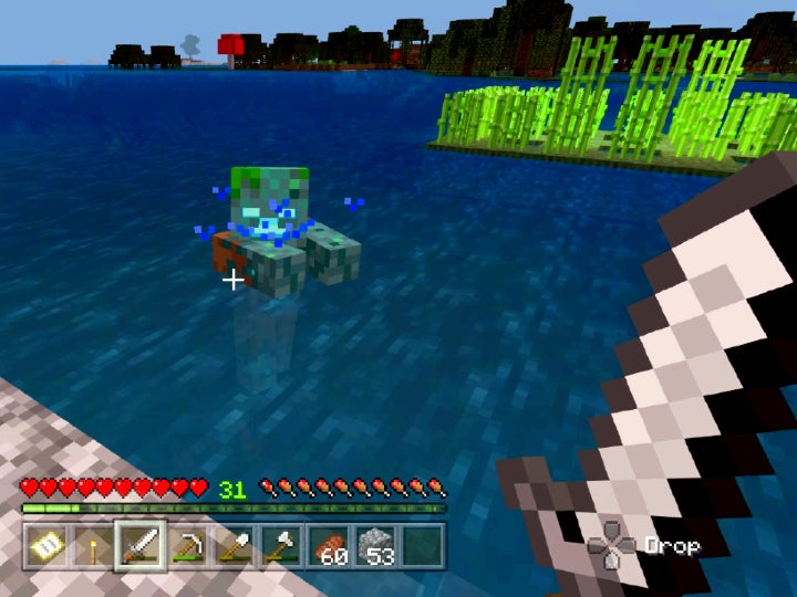 Player getting ready to fight a drowned enemy with an iron sword as the zombie-like monster rises from the water.