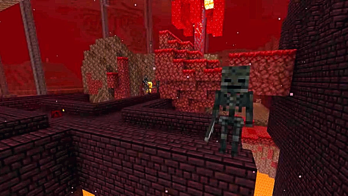 A bridge cross section of a nether fortress where a wither skeleton is standing and looking at the player. There is a blaze in the background, as well as lots of netherrack blocks.