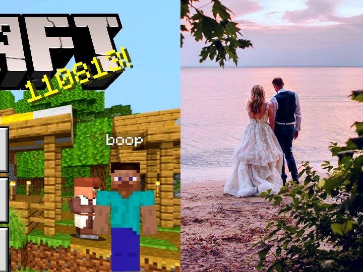 Left image is Minecraft steve with the 110813 yellow splash text above him. The right image is a woman and a man in wedding clothes holding hands.