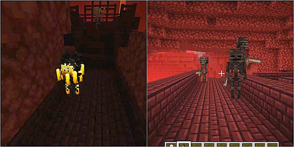 On the left is a yellow and orange Blaze while on the right are a few black Wither Skeletons on a dark red Nether Fortress bridge.