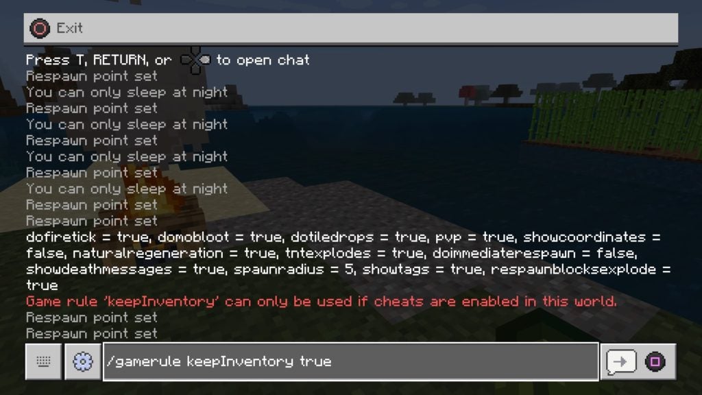 The text command for turning on the keep inventory cheat in the chat menu as well as the recent chat log.