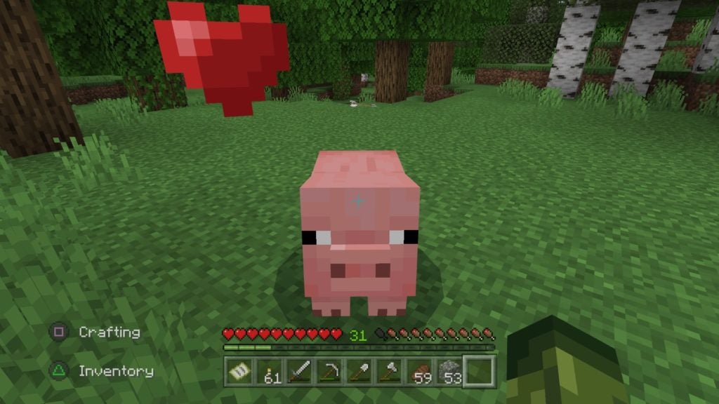 Pig looking at the player who just fed them. The pig has a red heart above it, indicating that it has been fed.