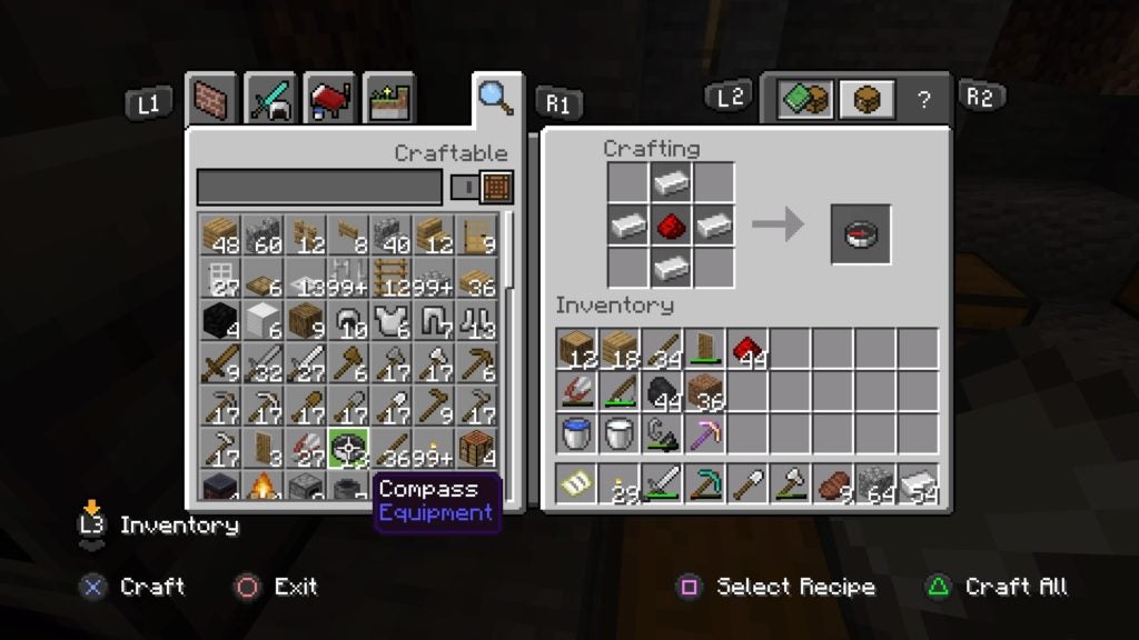 Four iron ingots and a bit of redstone dust being used to make a compass.