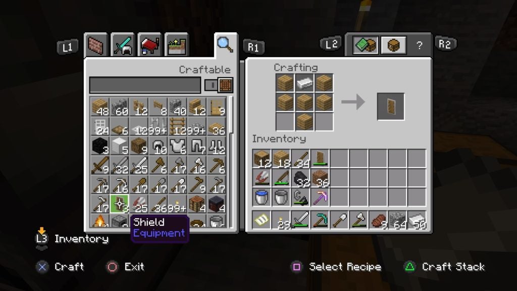 Making a shield by using 6 wood planks and 1 iron ingot.