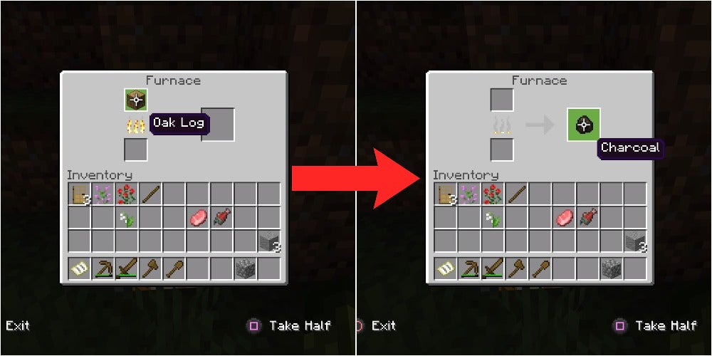 The left image is an oak log being burned in a furnace and the right is a piece of charcoal that was made from the burning oak log. There is an arrow pointing from the left image to the right.