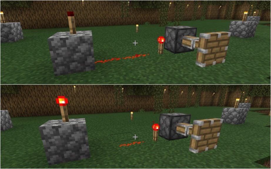 The top image shows an unlit redstone torch connected to a powered circuit. The bottom image shows a lit redstone torch that is not connected to a powered circuit.