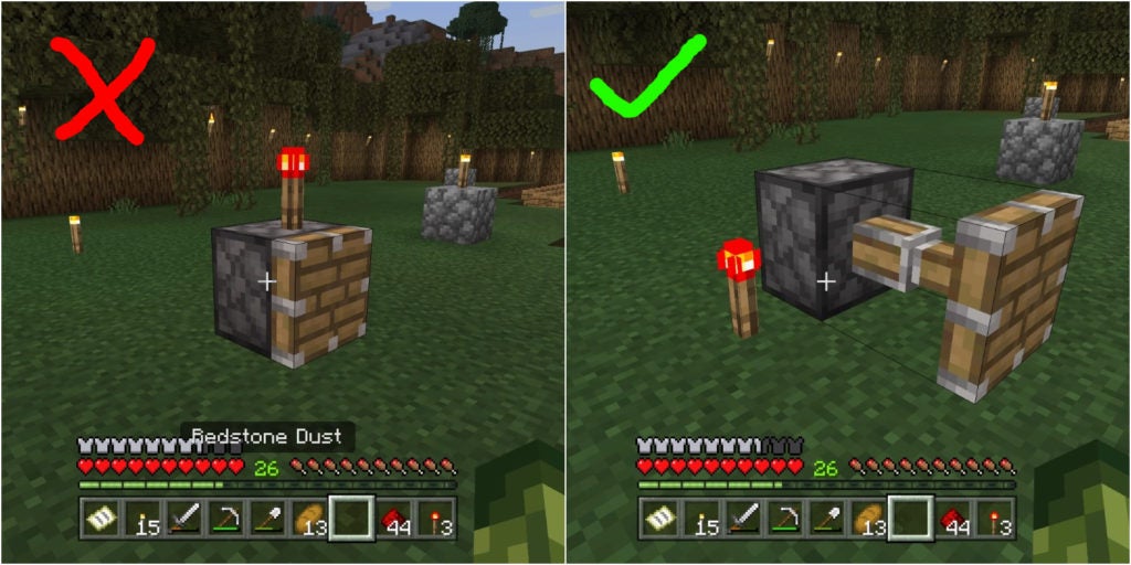 The left image shows a piston with a redstone torch on top of it that is not powered, and there is a red 'x' on this image. The right image shows a piston being powered by a redstone torch next to it, and there s a green checkmark on this image.