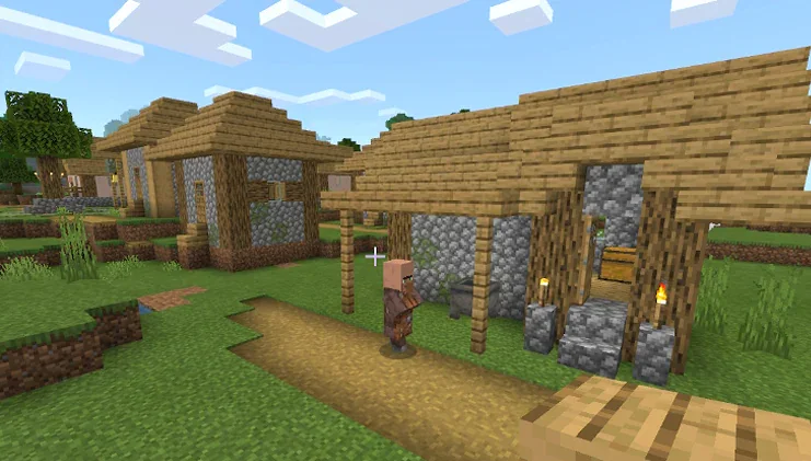 A villager walking around a plains village with oak wood and cobblestone houses.