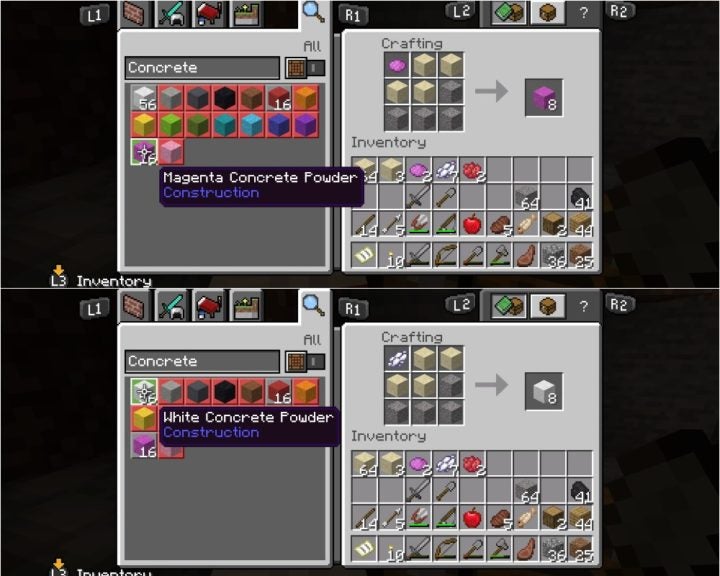 The player making white concrete powder in the bottom image and magenta concrete powder in the top image. Both are being made on a crafting table.