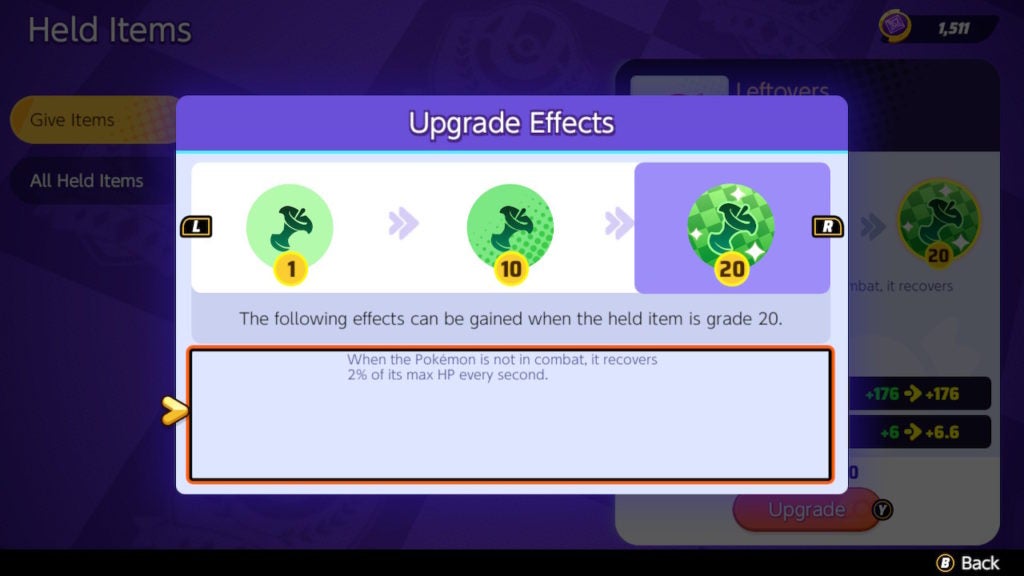 The upgrade effects of the leftovers held item which allows Pokémon to recover health over time.