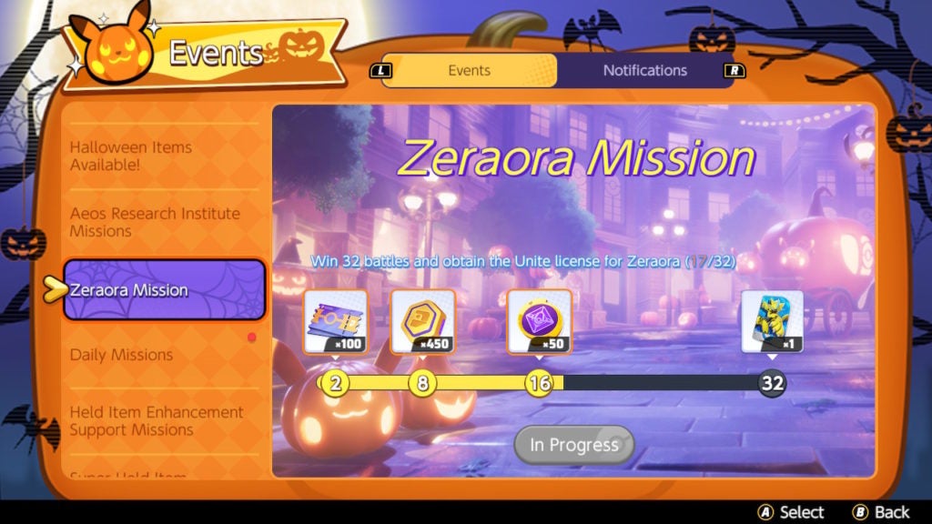 A purple and orange menu showing you how much progress you have towards unlocking a zeraora unite license. battle wins increase the bar's progress.