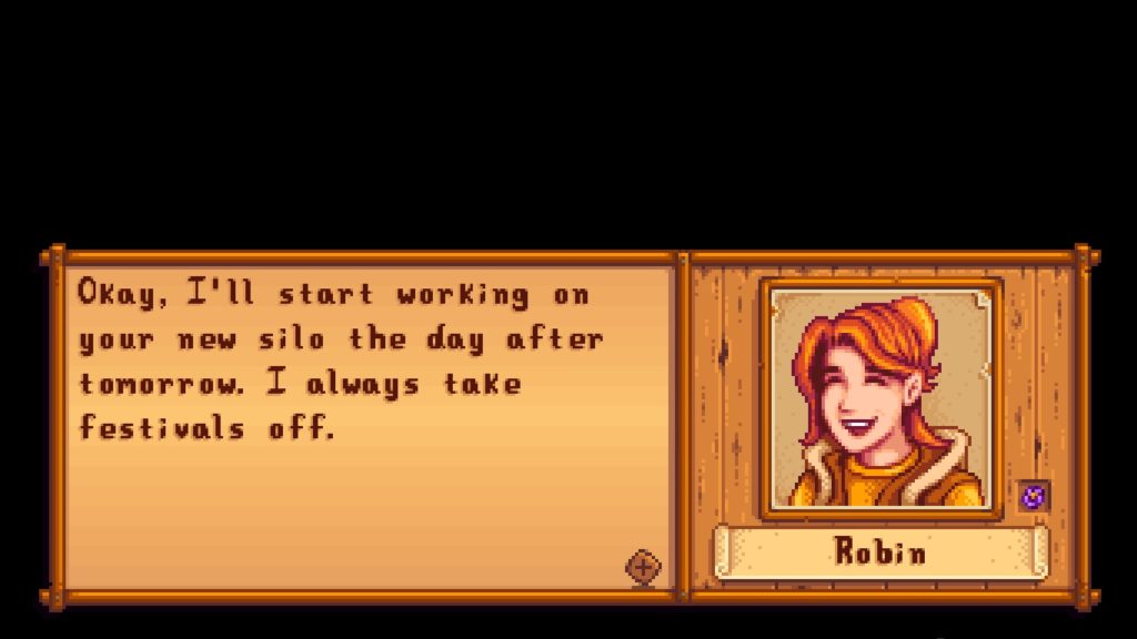 Robin doesn't build farm buildings on festival days.