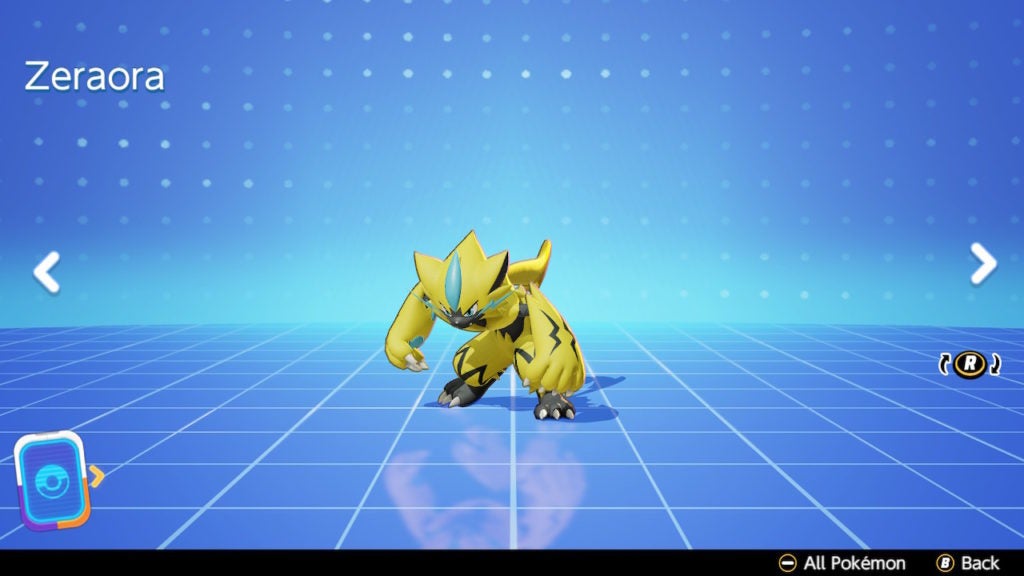 The yellow electric pokemon that looks like a bipedal cat zeraora standing in a blue area.