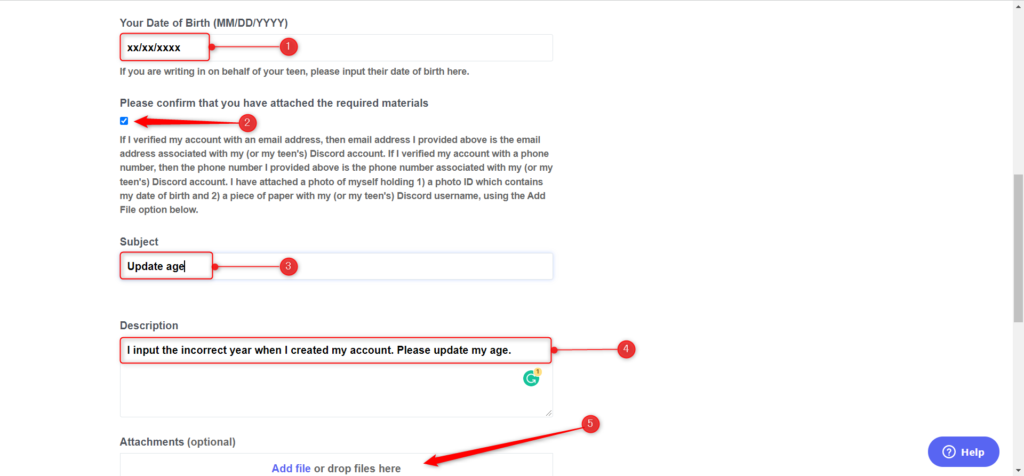 The Age, Subject, Description, and Attachments options.