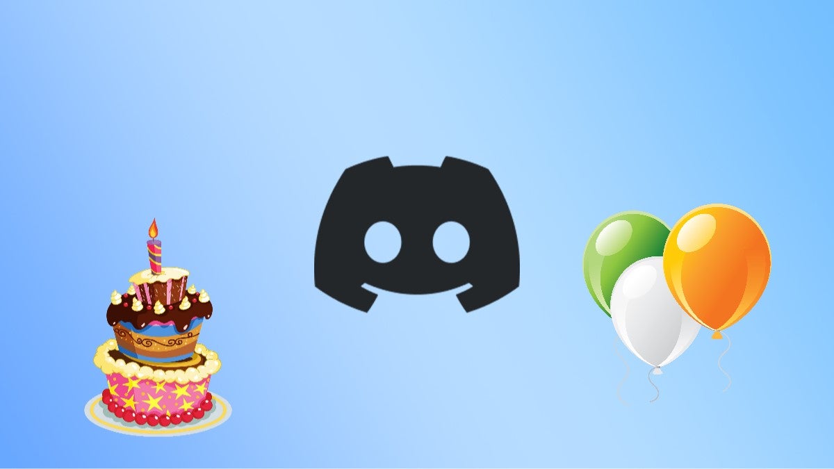 The Discord logo with a cake and balloons.