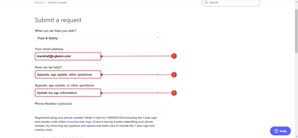 The Email, Issues, and Appeals, age update, other questions boxes on Discord's Support page.