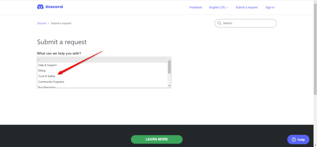 The Trust and Safety option in Discord's support options' drop-down list.