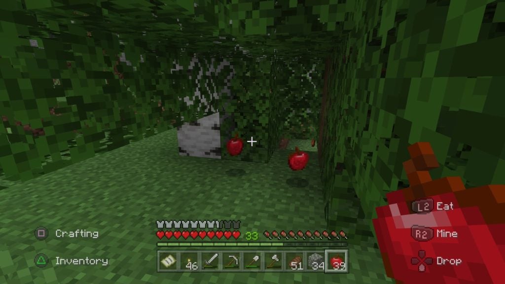 A couple of apples as items floating near the ground. They are red and beneath the leaves of a tree.