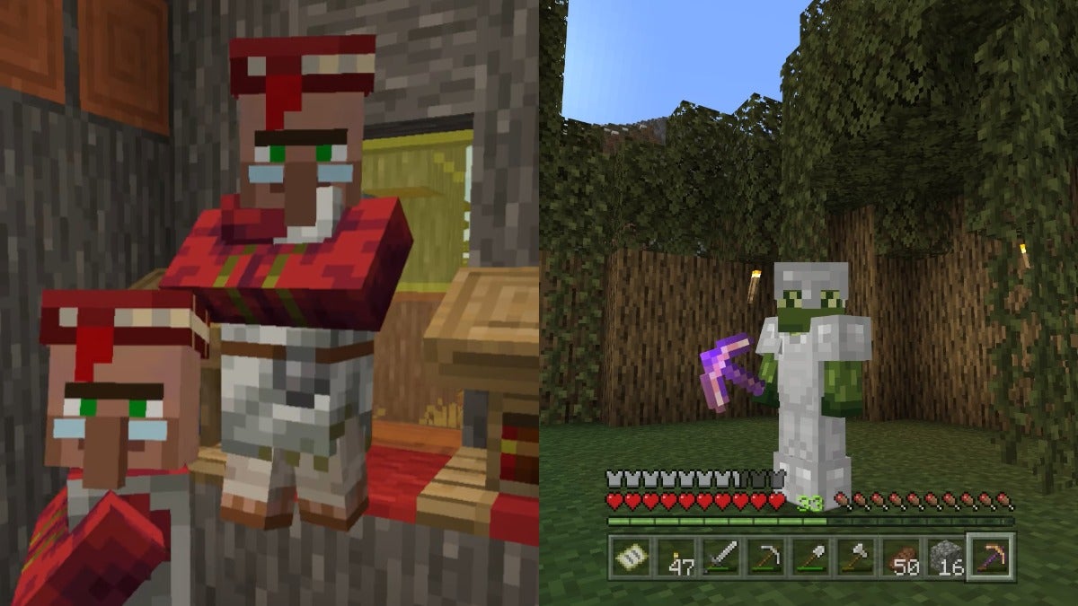 The left image is a librarian villager standing next to a lectern and the right image is a player in iron armor holding an enchanted golden pickaxe.