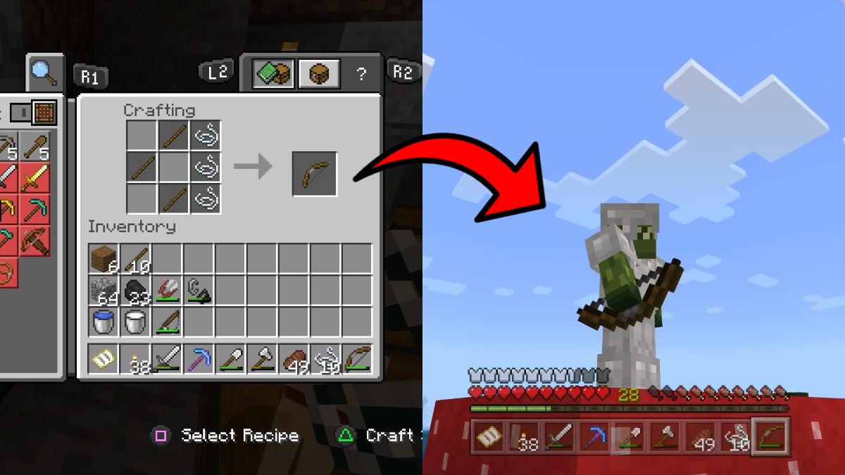 Left image is the player making a bow on a crafting table and the right image is the player holding a bow in third person view.