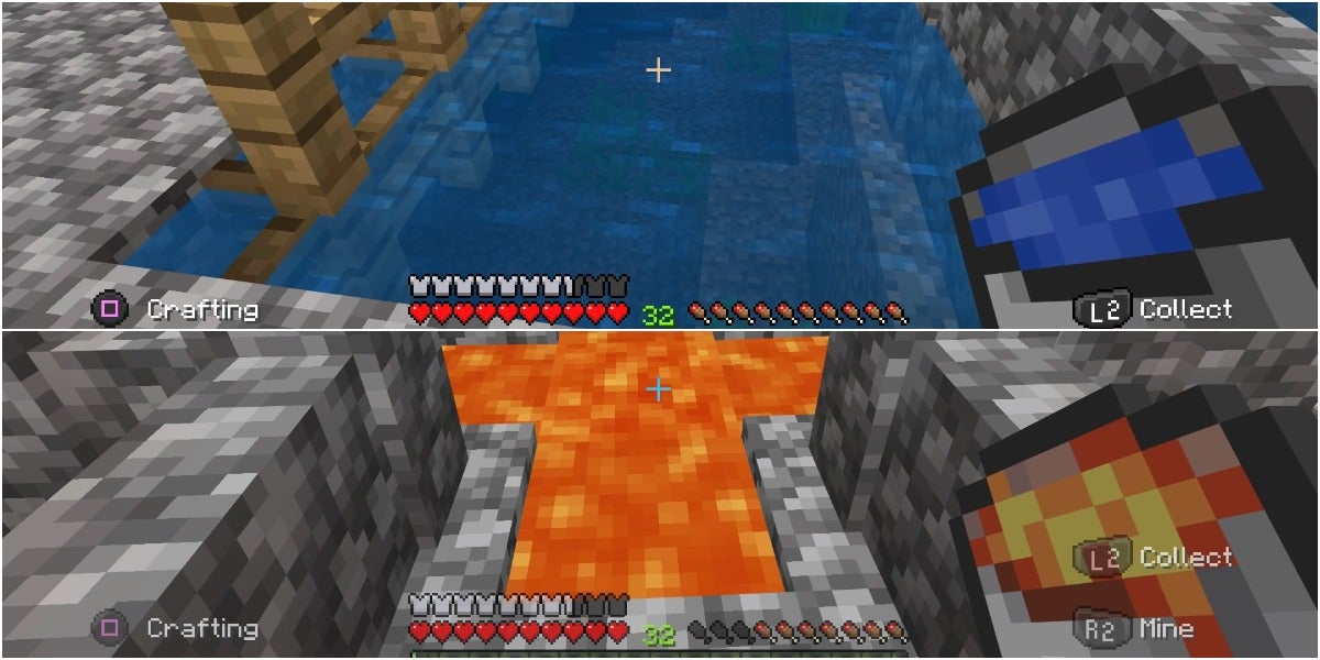Top image is the player scooping up water in a bucket and the bottom image is them scooping up lava in their bucket.