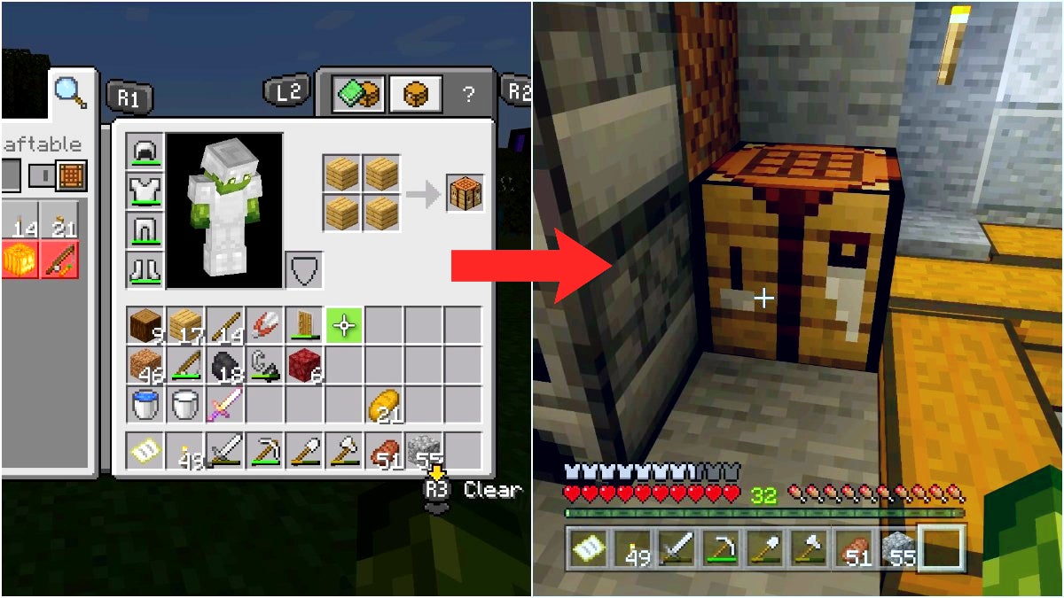 Left image is the player making a crafting table in their inventory and the right image is a crafting table placed on the ground. There is a red arrow pointing from the left image to the right.