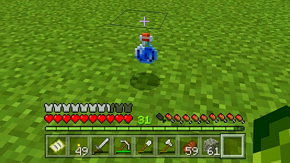 A water bottle on the grassy ground. You can also see the player's hotbar, which is full of their tools and other important items.