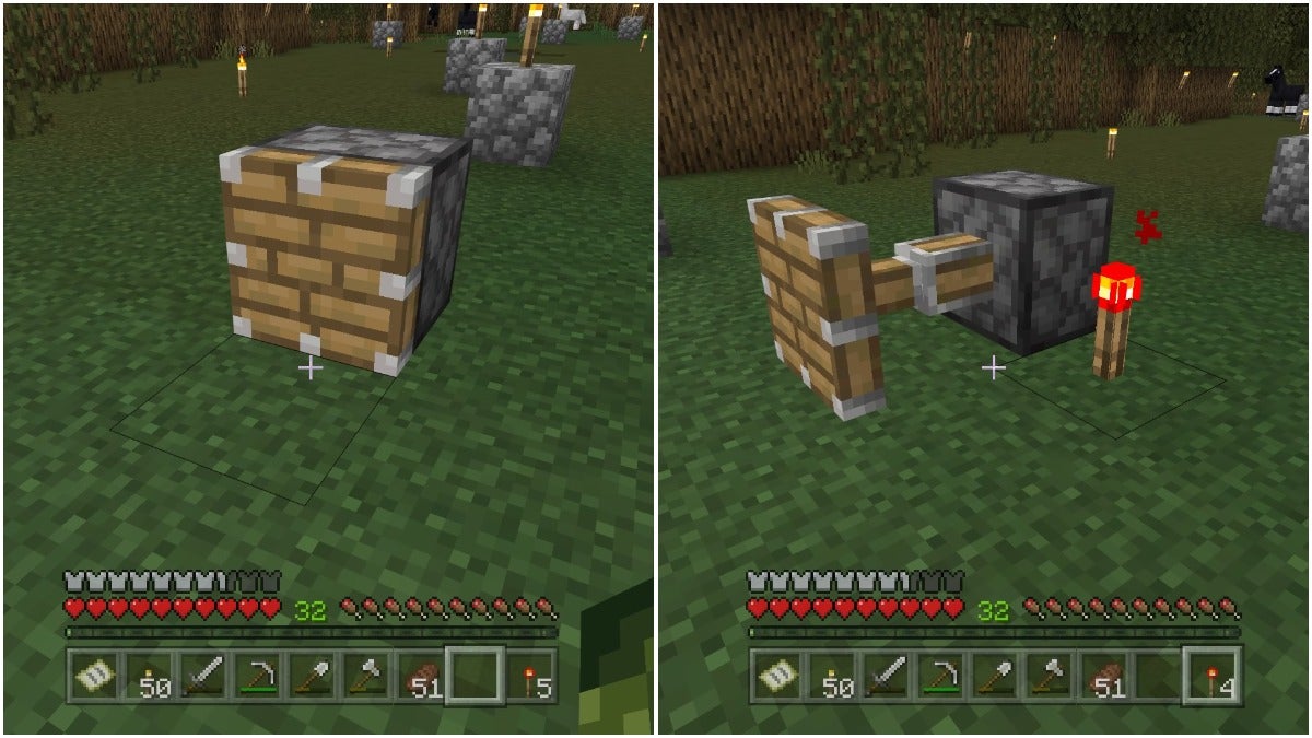 On the left is an unpowered piston and on the right is a piston being activated by a redstone torch.