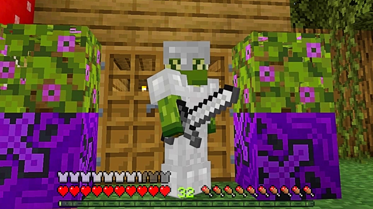 The player in third person view holding an iron sword. They are also wearing full iron armor and are standing between 2 flowering azalea leaf blocks.