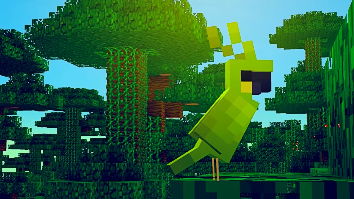 A close-up of a green parrot on the tree of a jungle biome. There are more jungle trees in the background, including a bit one covered in vines.