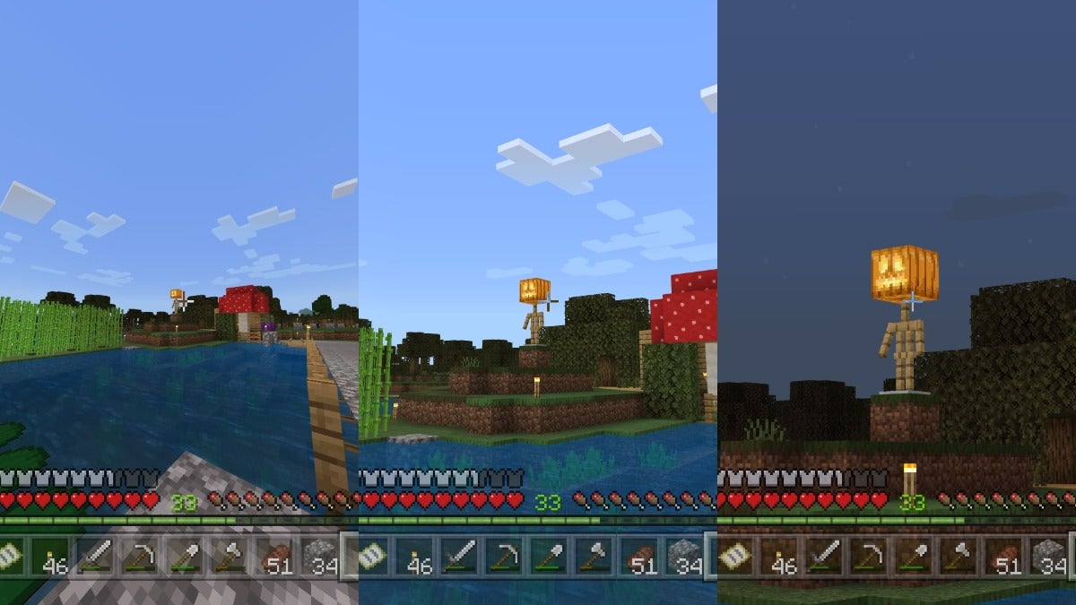 The player looking at a scarecrow with 3 different FoV settings. The left is zoomed out, the middle is the default setting, and the right image is zoomed in closely.