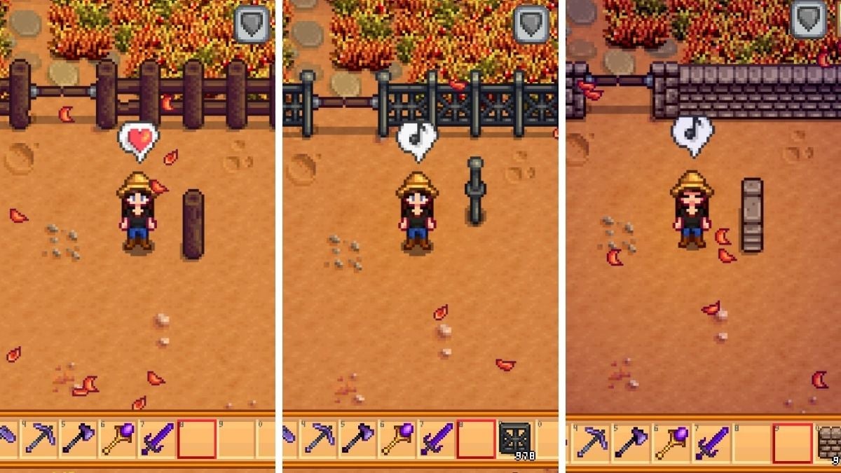 Building different fences in Stardew Valley.
