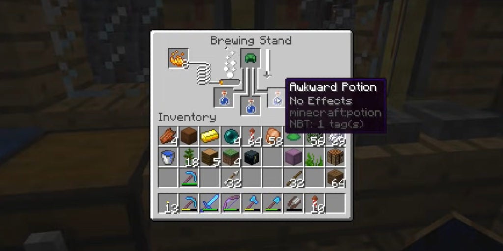 Using a brewing stand that has a turtle shell in the top slot and 3 awkward potions in the bottom slots.