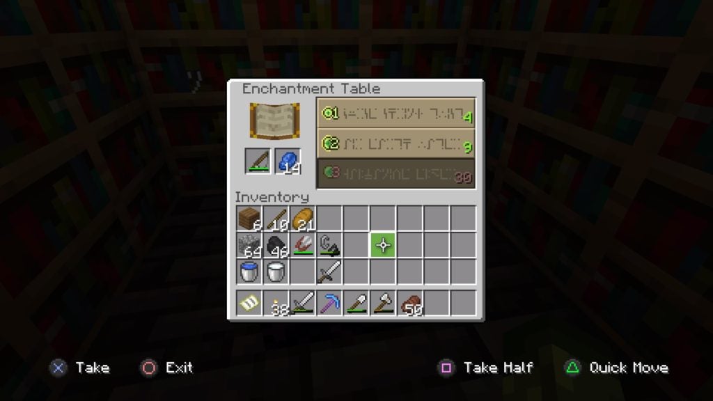Enchanting a fishing rod on an enchanting table with lapis lazuli. The level 1 and level 2 enchantments are possible, but not the level 3 enchantment.