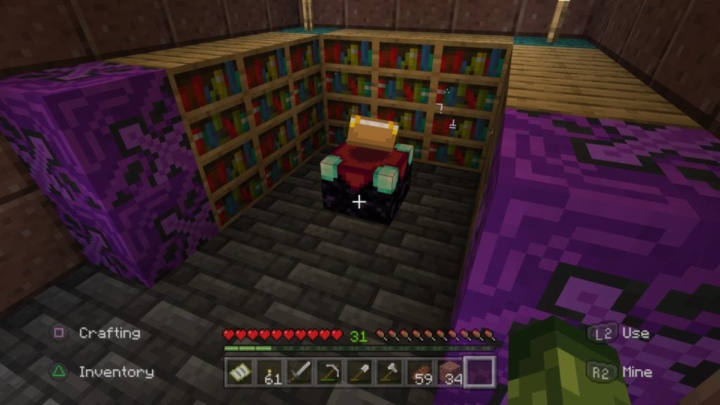 An enchanted room with a deepslate tile floor, polished granite walls, and purple glazed terracotta around bookshelves and an enchanting table.