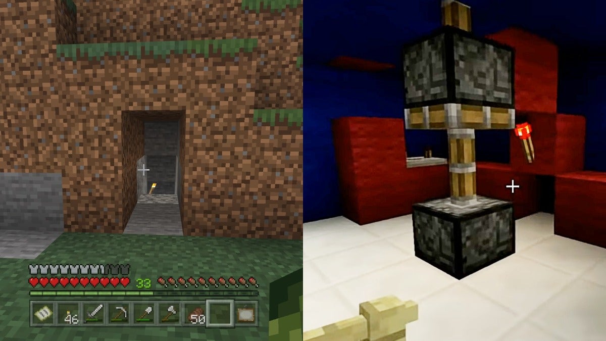 The left image is a 2-block-high hole in a wall of dirt and the right image are 2 pistons on top of one another next to a redstone torch.