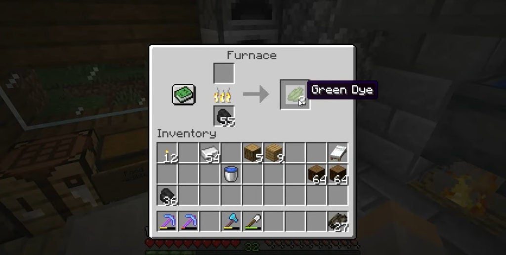 Making green dye by cooking cactus in a furnace.