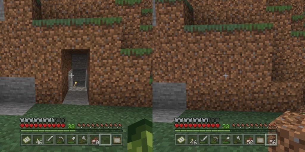 The left image is a small entrance in a dirt wall and the right image is that spot hidden with dirt blocks.